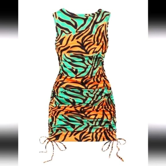 RUCHED drawstring side zebra striped sexy bodycon dress sz xs - Picture 4 of 6